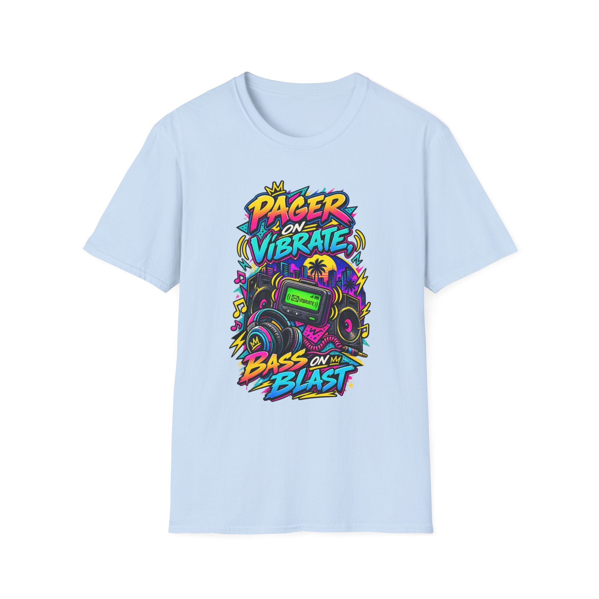 Pager on Vibrate Retro 90s Graphic T-Shirt | Bass on Blast Neon Boombox | 1990's 2000's Nostalgia Throwback