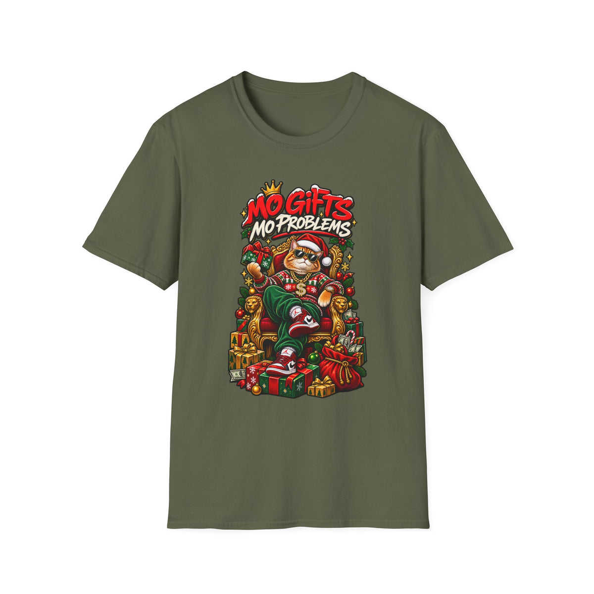 Mo Gifts Mo Problems T-Shirt | Funny Santa Cat Christmas Tee | 1990's 2000's Nostalgia Throwback