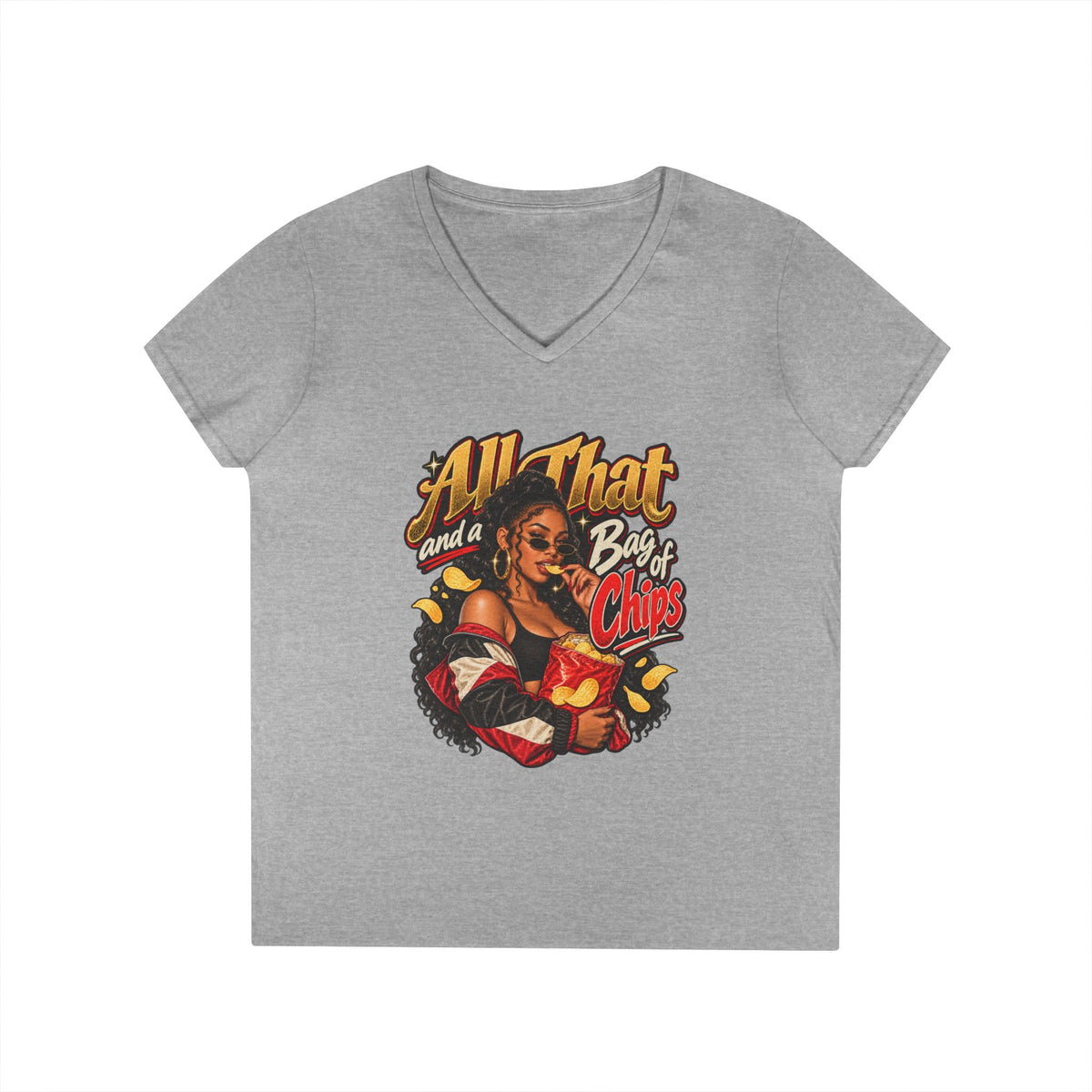 All That and a Bag of Chips V-Neck T-Shirt | Retro Pinup Snack Graphic | 90s 00s Hip Hop Pop Culture Nostalgia