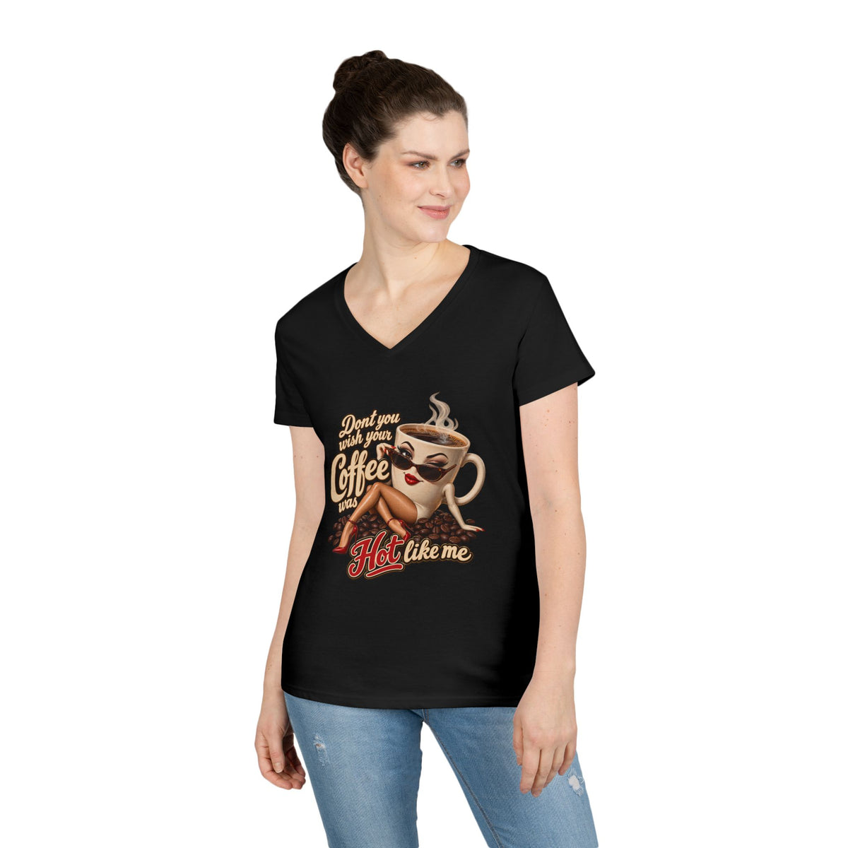 Dont You Wish Your Coffee Was Hot Like Me V-Neck Tee | Coffee Mug Pinup Design | 90s 00s Hip Hop Pop Culture Nostalgia
