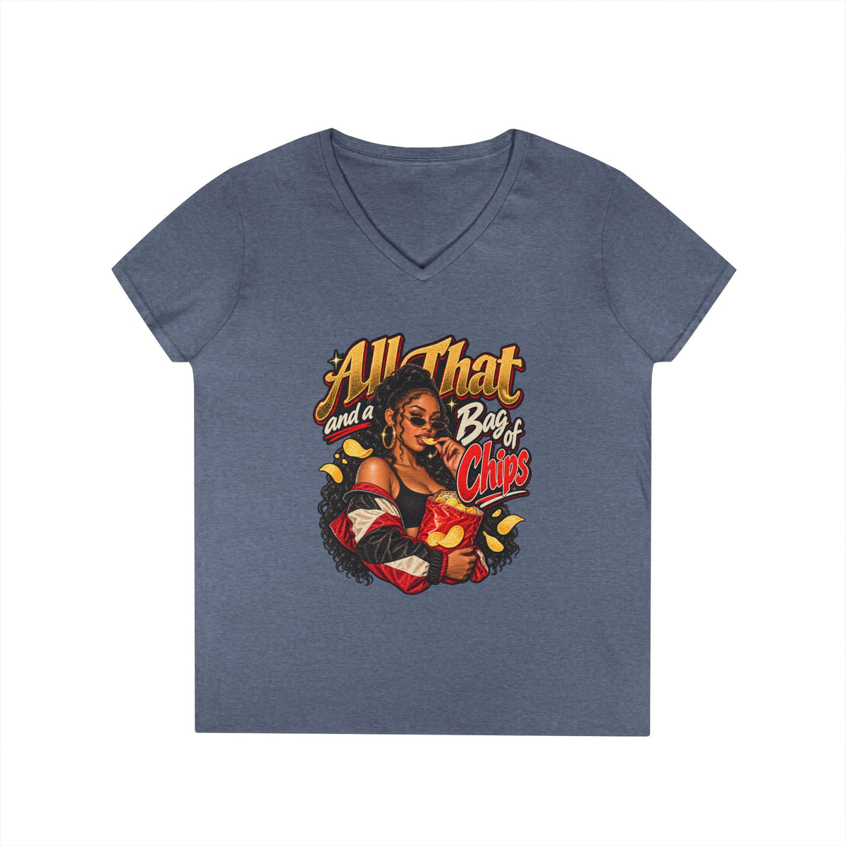 All That and a Bag of Chips V-Neck T-Shirt | Retro Pinup Snack Graphic | 90s 00s Hip Hop Pop Culture Nostalgia