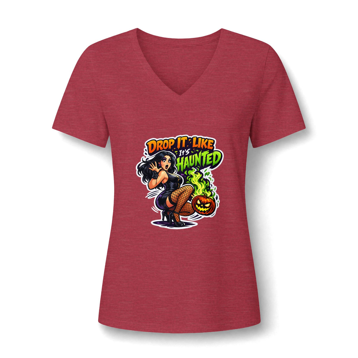 Drop It Like It's Haunted V-Neck Tee | Halloween Pinup Witch Design