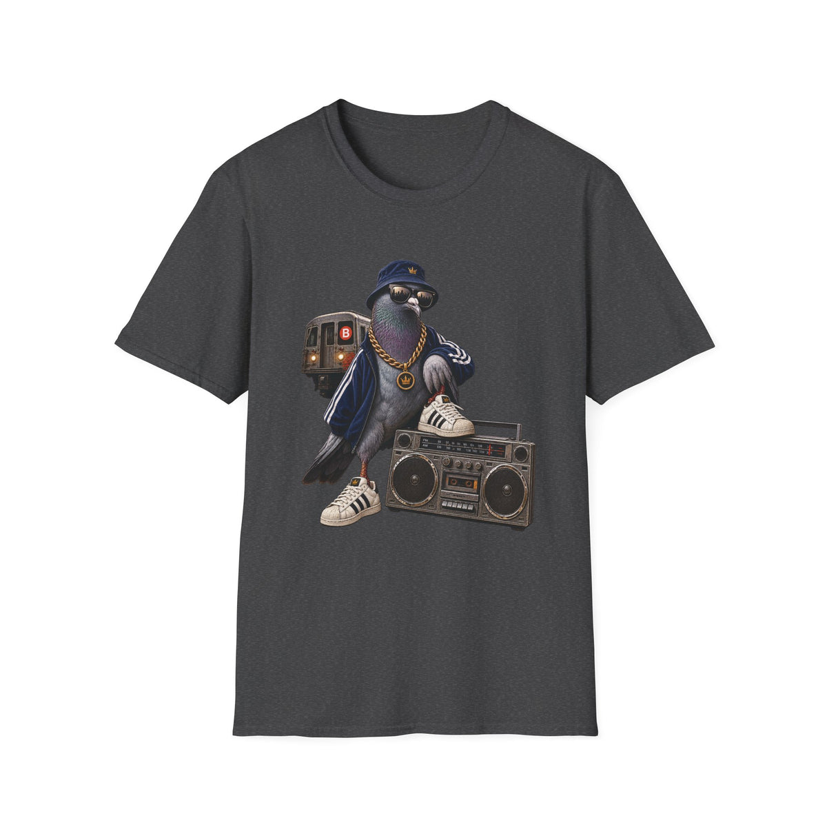 Pigeon Rapper Illustration B Train Boombox Hip Hop T-Shirt NYC | Urban Street Style | 1990's 2000's Nostalgia Throwback