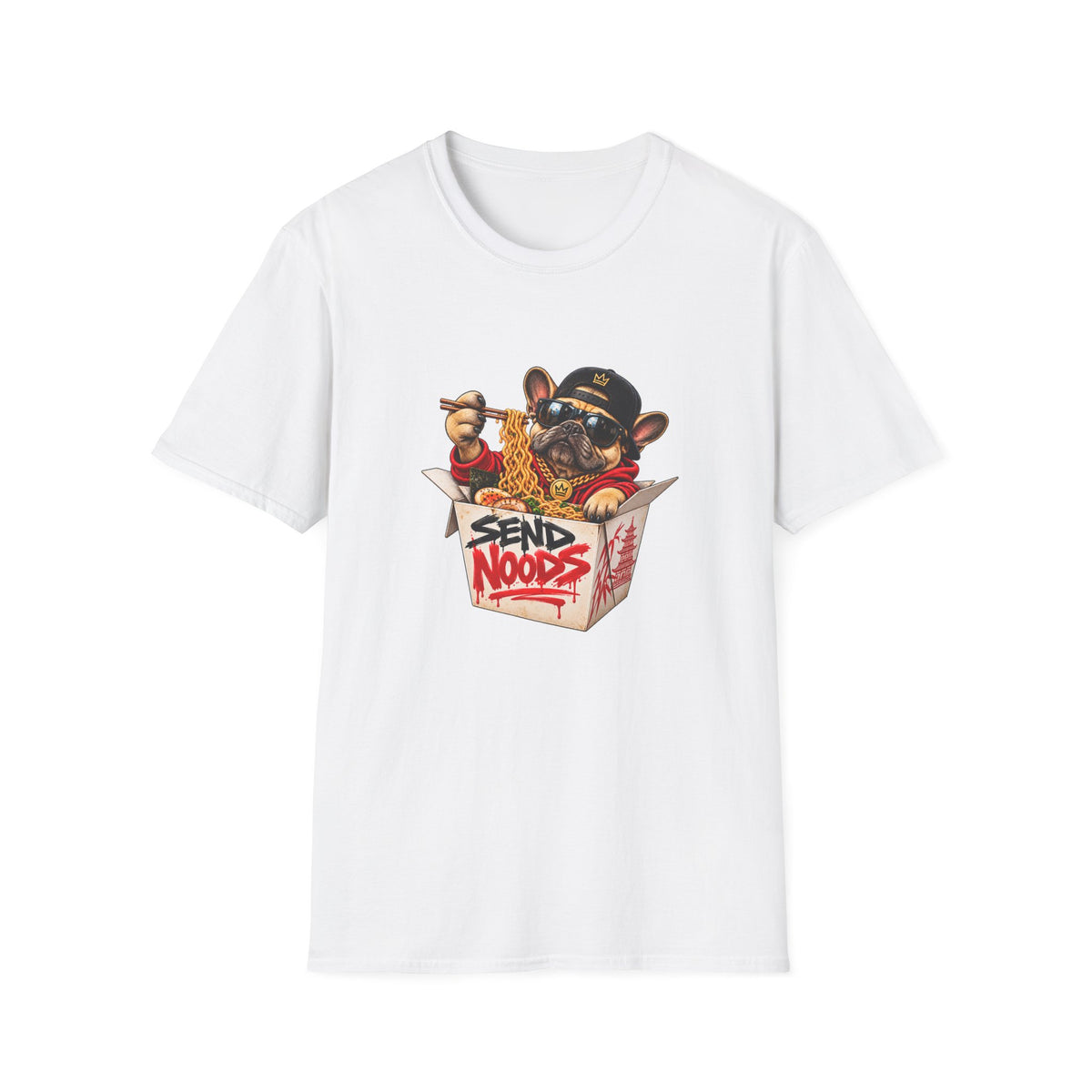 Send Noods Ramen Dog T-Shirt | Cute Dog in Noodle Box Graphic Tee | Pop Culture Noodles