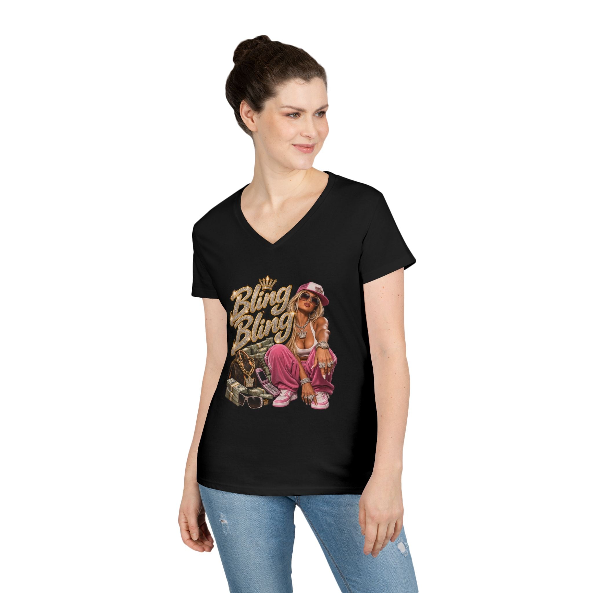 Bling Bling Graphic V-Neck Tee | Retro Hip Hop Babe, Gold Chains | 90s 00s Hip Hop Pop Culture Nostalgia