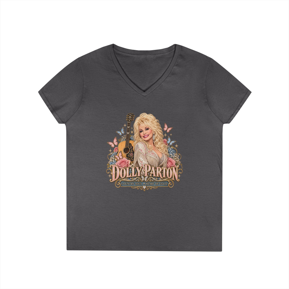 Country Music Singer Portrait T-Shirt Dolly Parton | Vintage Guitar Floral Design