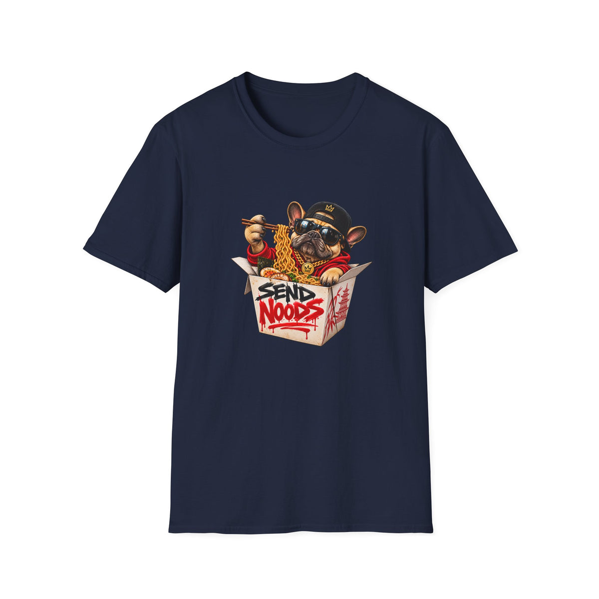 Send Noods Ramen Dog T-Shirt | Cute Dog in Noodle Box Graphic Tee | Pop Culture Noodles