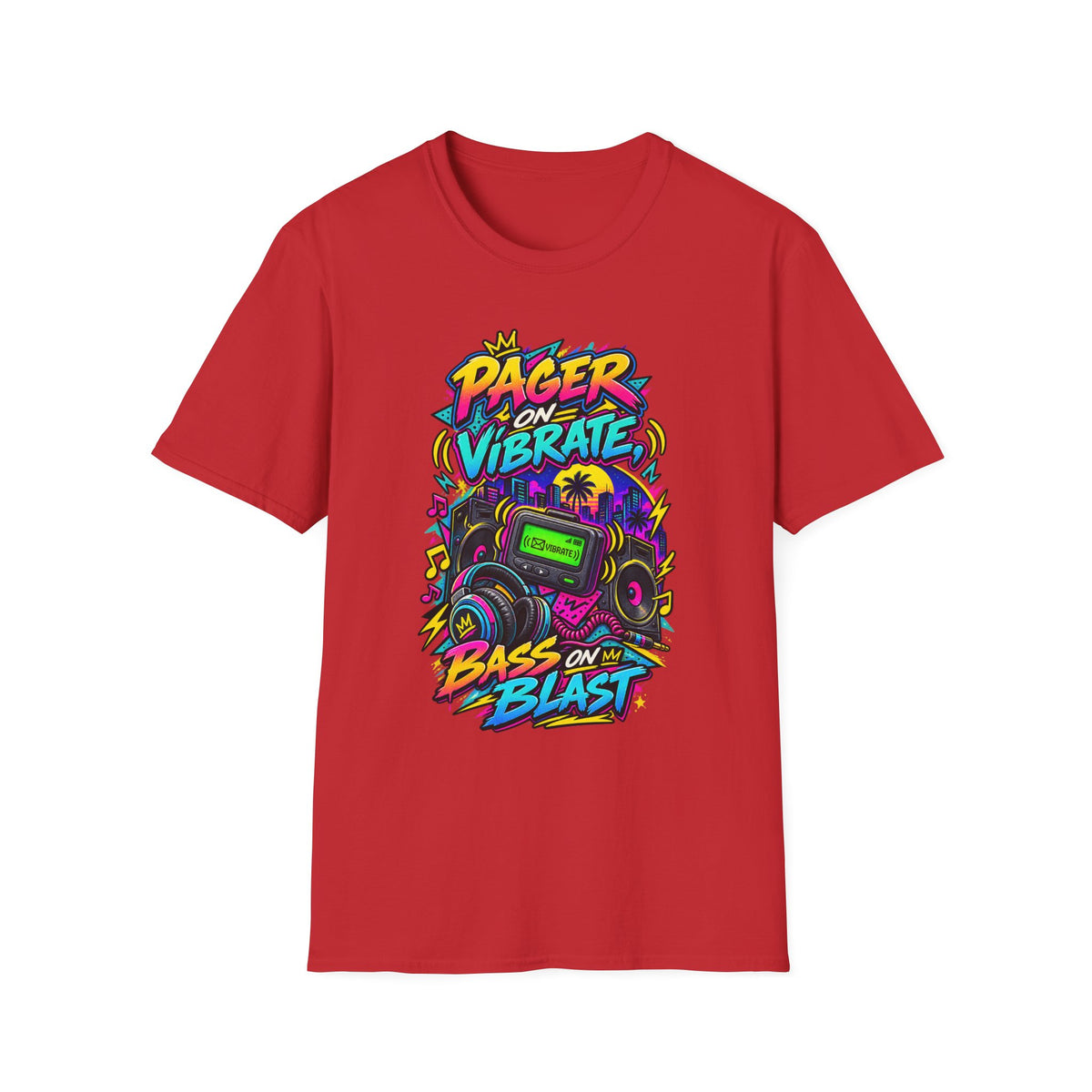 Pager on Vibrate Retro 90s Graphic T-Shirt | Bass on Blast Neon Boombox | 1990's 2000's Nostalgia Throwback