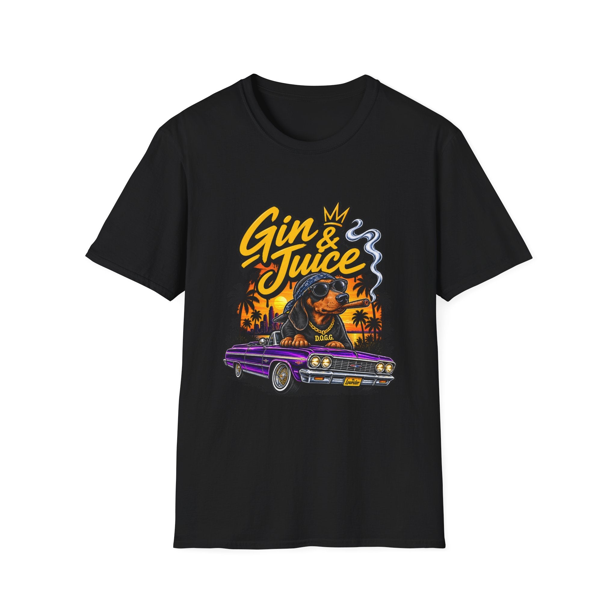 Gin & Juice Graphic Tee | Lowrider Dog Sunset Illustration | 1990's 2000's Nostalgia Throwback
