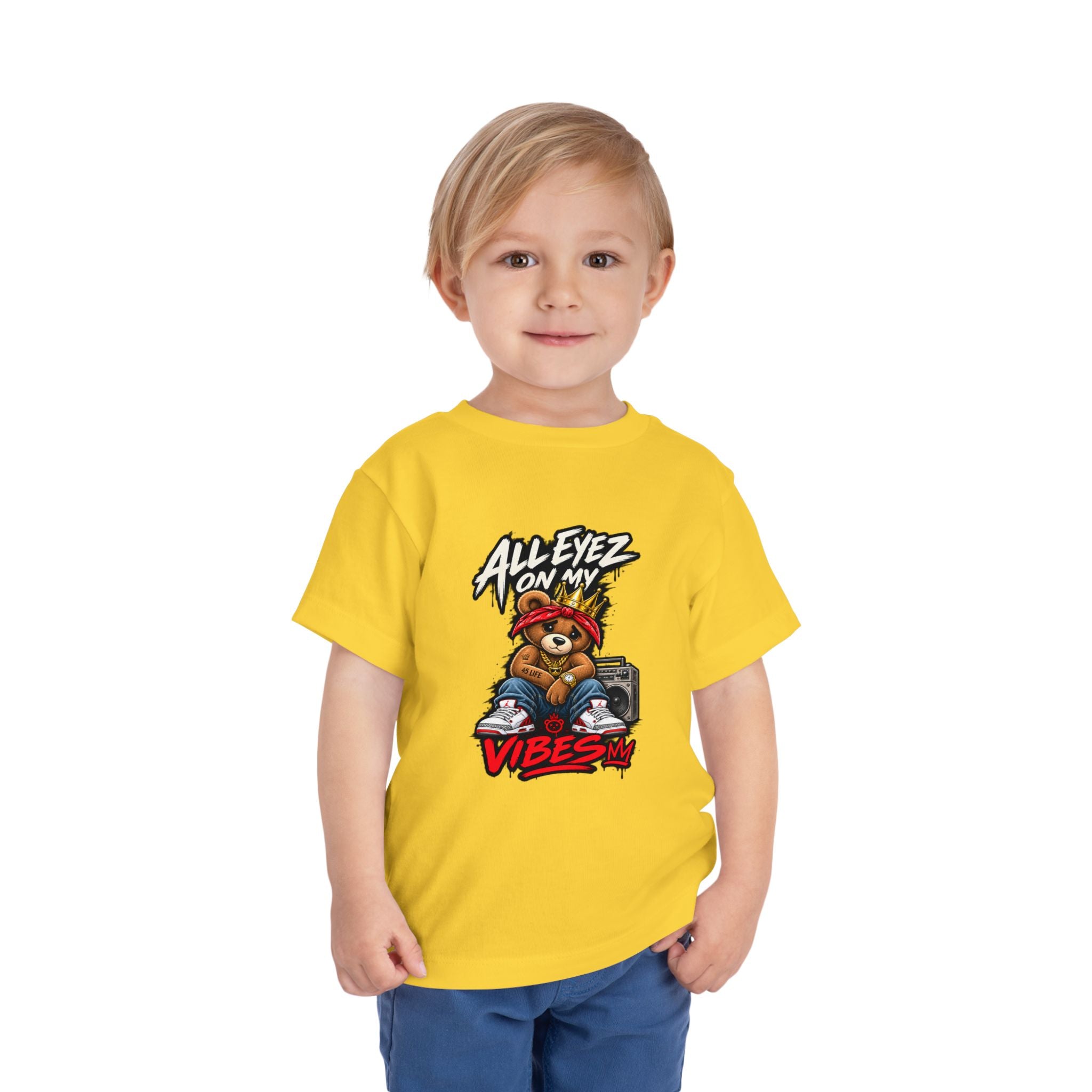 All Eyez On My Vibes Teddy Bear Toddler Tee | Hip Hop Boombox Graphic