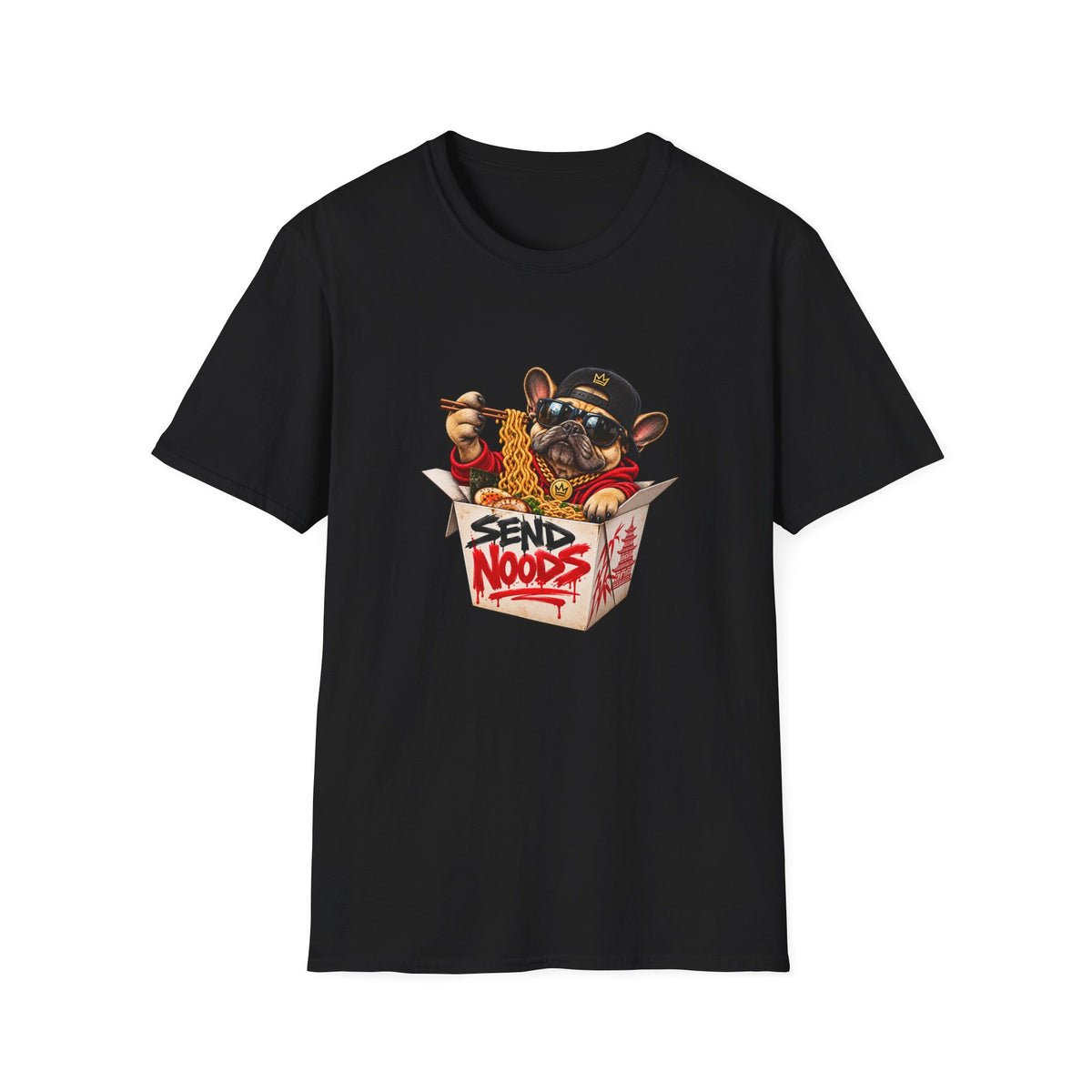 Send Noods Ramen Dog T-Shirt | Cute Dog in Noodle Box Graphic Tee | Pop Culture Noodles