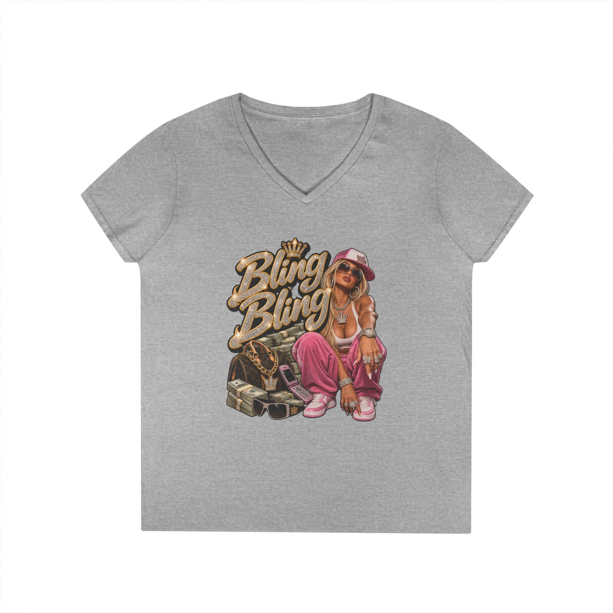 Bling Bling Graphic V-Neck Tee | Retro Hip Hop Babe, Gold Chains | 90s 00s Hip Hop Pop Culture Nostalgia