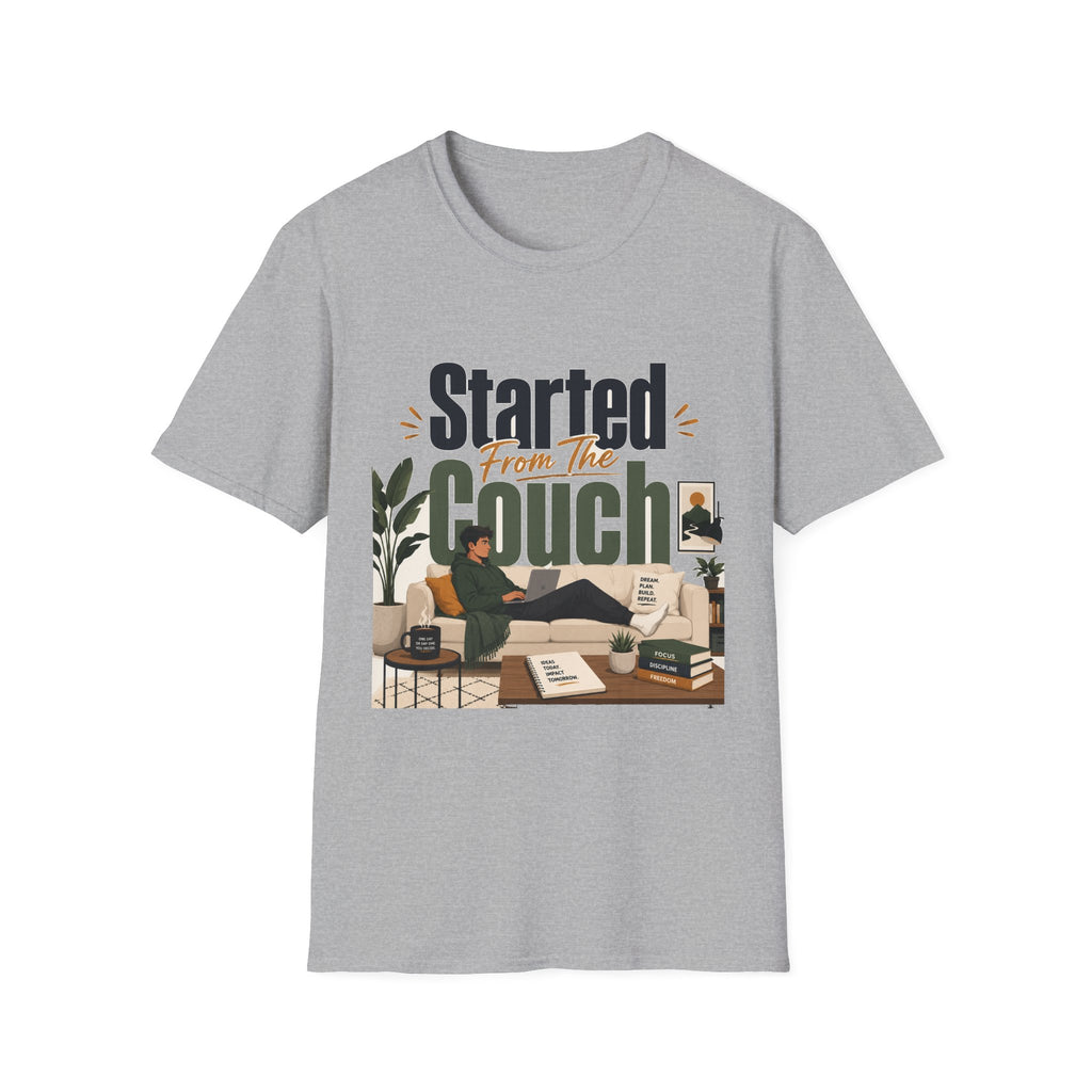 Started From The Couch T-Shirt | Lazy Day Lounge Design | 1990's 2000's Nostalgia Throwback