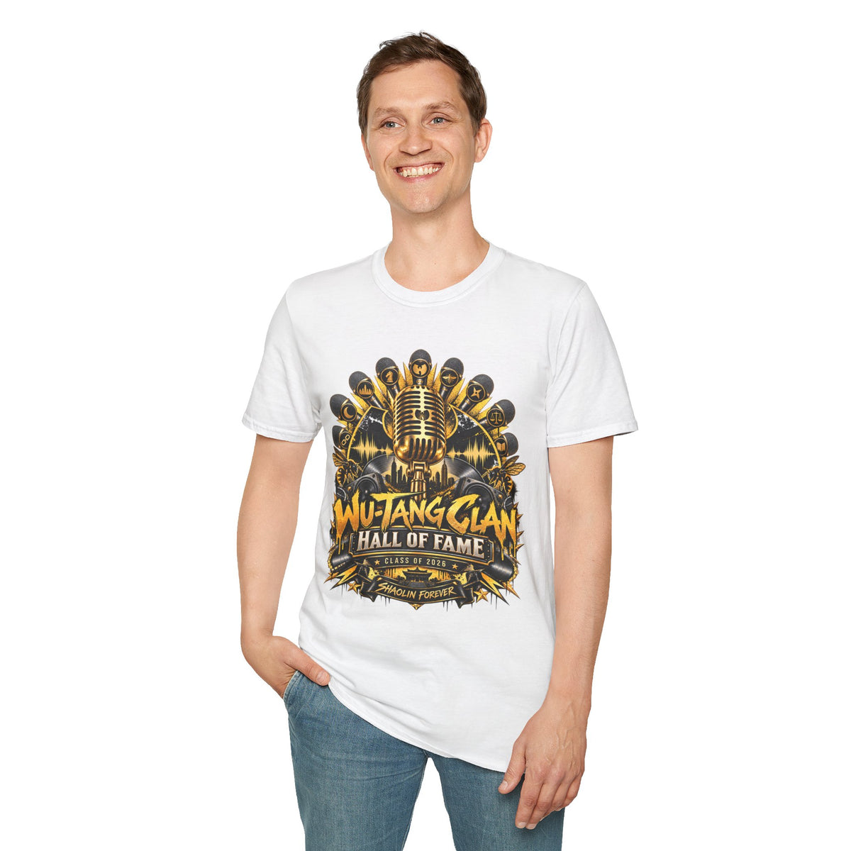 Wu-Tang Clan Rock and Roll Hall of Fame Graphic T-Shirt | Microphone Emblem | 90s 00s Hip Hop Nostalgia