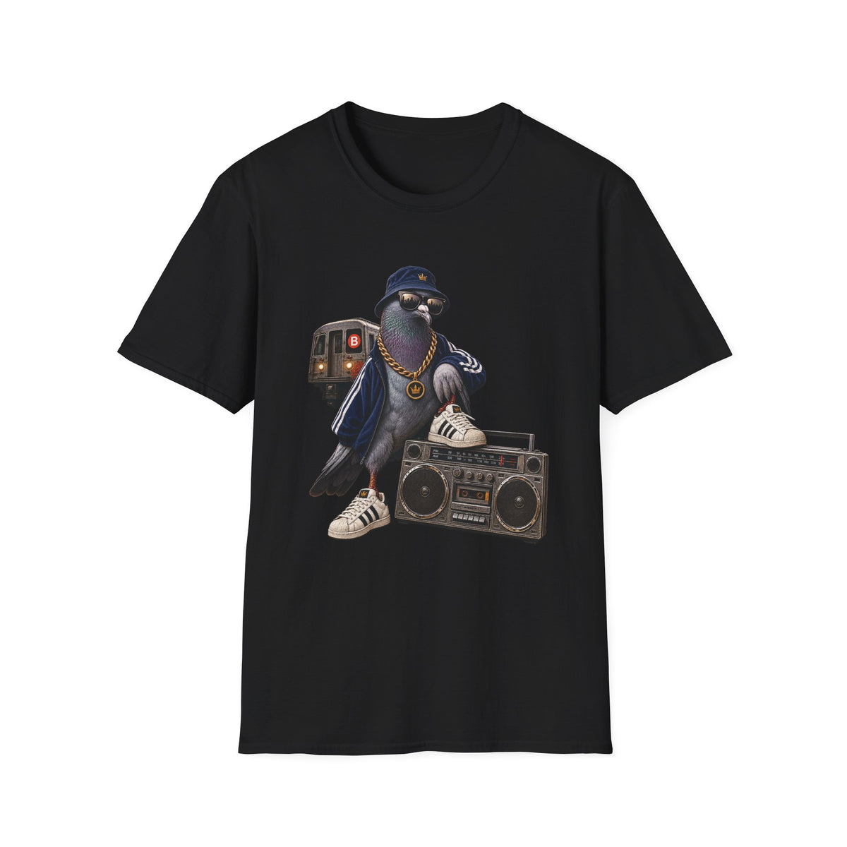 Pigeon Rapper Illustration B Train Boombox Hip Hop T-Shirt NYC | Urban Street Style | 1990's 2000's Nostalgia Throwback