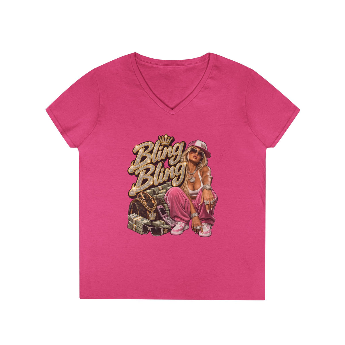 Bling Bling Graphic V-Neck Tee | Retro Hip Hop Babe, Gold Chains | 90s 00s Hip Hop Pop Culture Nostalgia