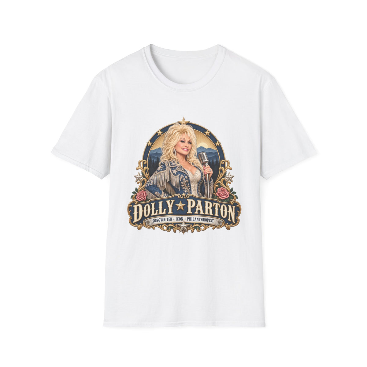 Country Singer Dolly Parton Portrait T-Shirt | Retro Western Microphone Design