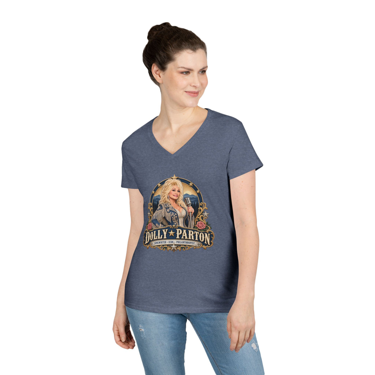 Dolly Parton Portrait V-Neck Tribute T-Shirt | Country Music Icon Tee