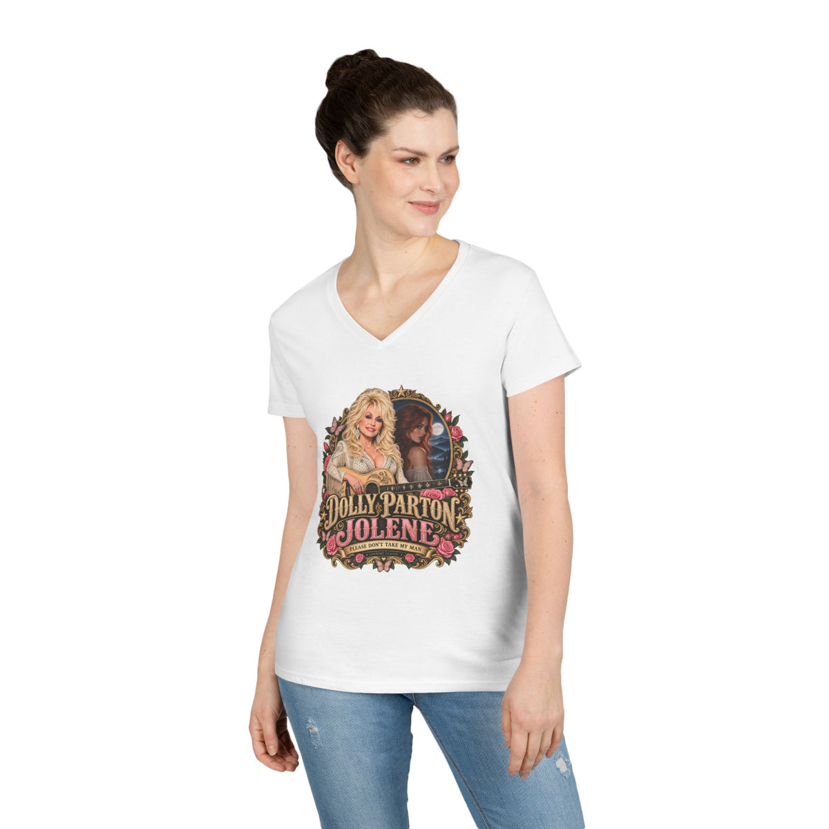 Dolly Parton Jolene Pink Portrait Tee | V-Neck Shirt | Memorial Tribute