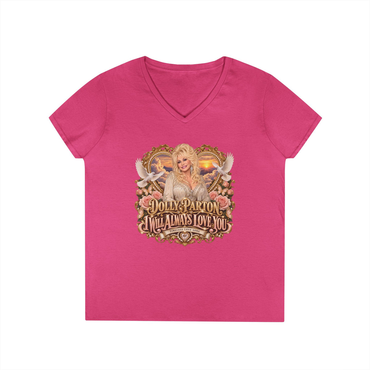 Dolly Parton Portrait V-Neck T-Shirt Pink | Dolly Parton Always Love You | Memorial Tribute