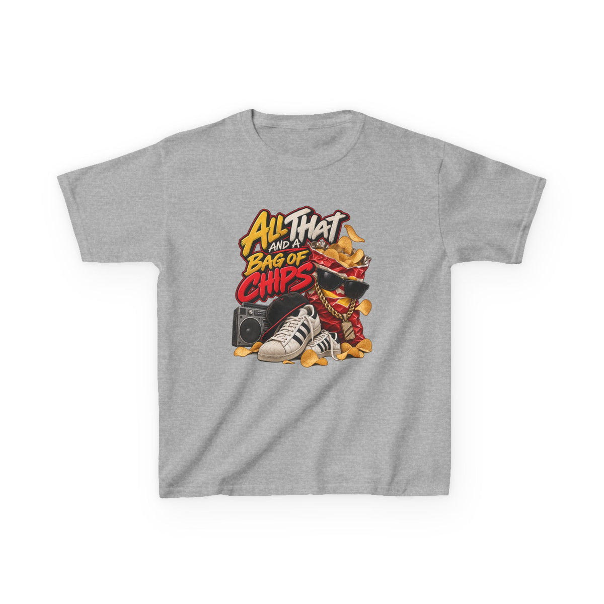 All That and a Bag of Chips Kid Tee | Retro Chips Cartoon Snack Design | 90's 00's Hip Hop Pop Culture