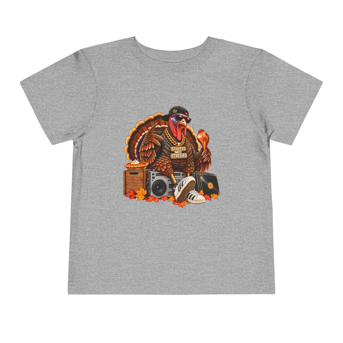 DJ Turkey Toddler Tee | Thanksgiving Turkey with Headphones, Records, Fall Leaves | 00s 90s Hip Hop
