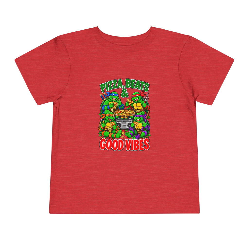 Pizza, Beats and Good Vibes Toddler Tee | Cartoon Pizza Party Design