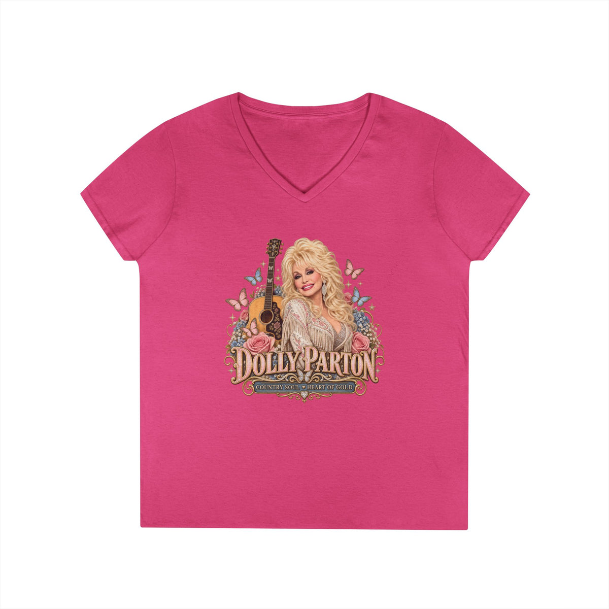 Country Music Singer Portrait T-Shirt Dolly Parton | Vintage Guitar Floral Design