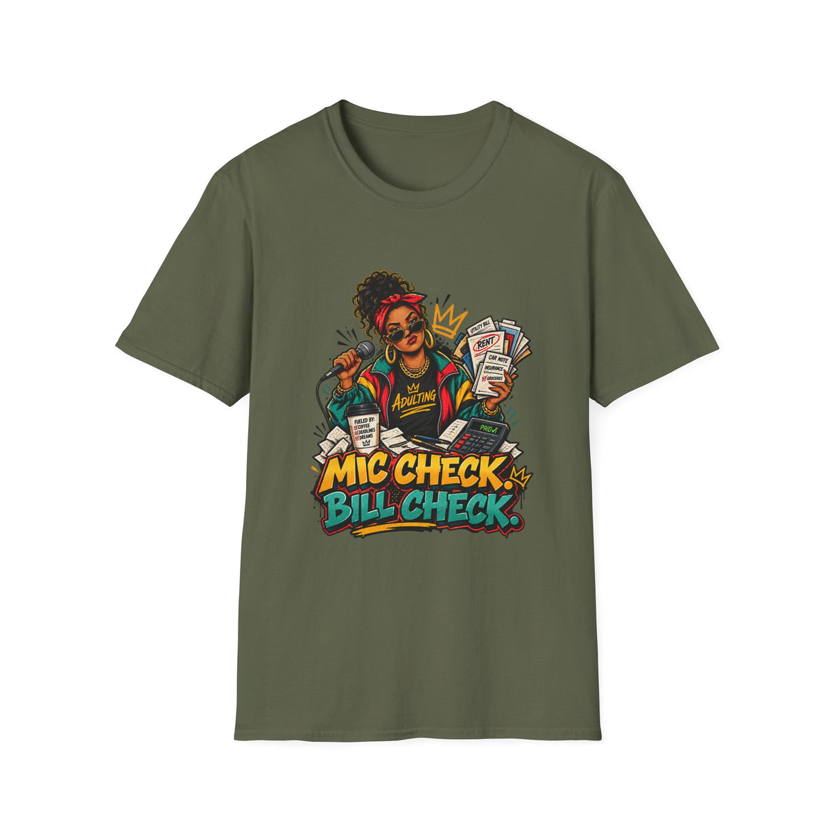 Mic Check Bill Check T-Shirt | Funny Adulting Design, Woman with Microphone and Bills | 1990's 2000's Nostalgia Throwback