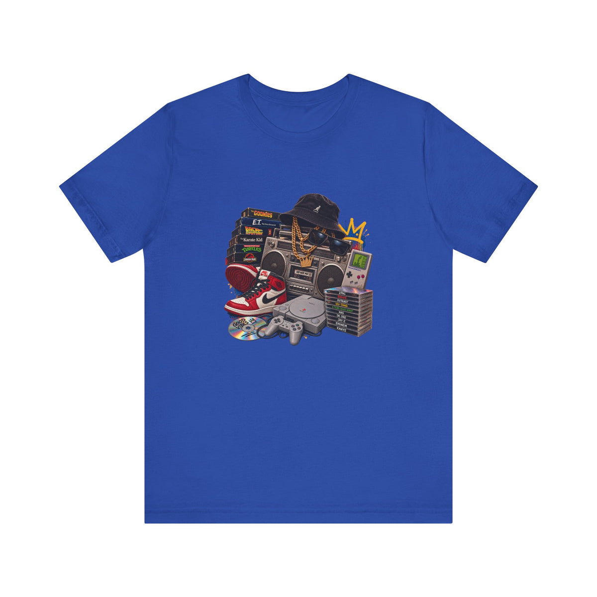 Retro Hip Hop Collage Tee | Boombox, Sneakers, Cassette, Game Handheld