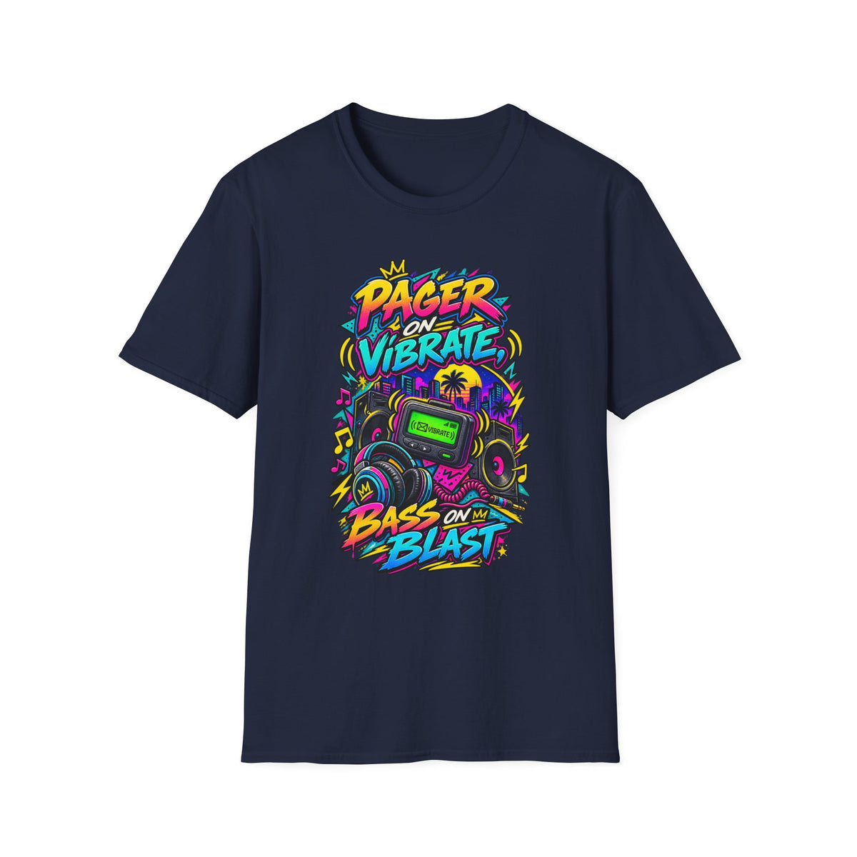 Pager on Vibrate Retro 90s Graphic T-Shirt | Bass on Blast Neon Boombox | 1990's 2000's Nostalgia Throwback