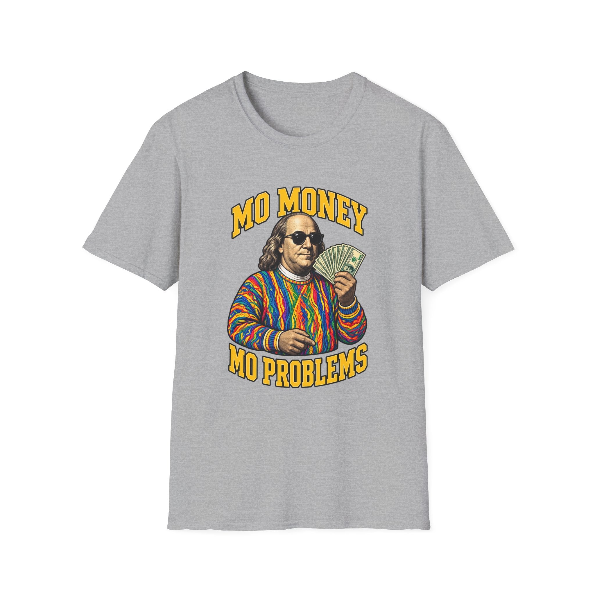 Benjamin Franklin holding cash Mo Money T-Shirt | Retro Money Humor | 1990's 2000's Nostalgia Throwback