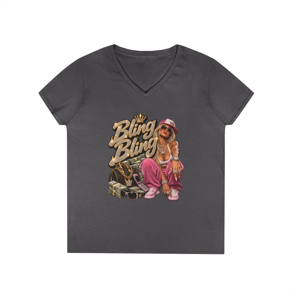 Bling Bling Graphic V-Neck Tee | Retro Hip Hop Babe, Gold Chains | 90s 00s Hip Hop Pop Culture Nostalgia