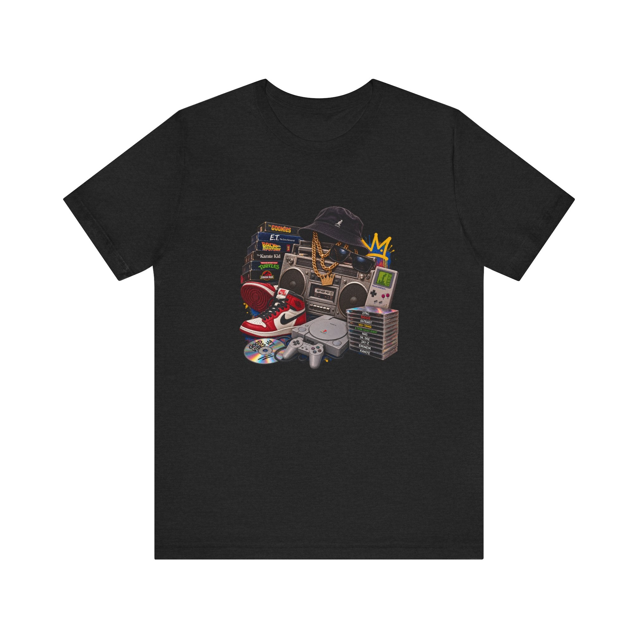 Retro Hip Hop Collage Tee | Boombox, Sneakers, Cassette, Game Handheld