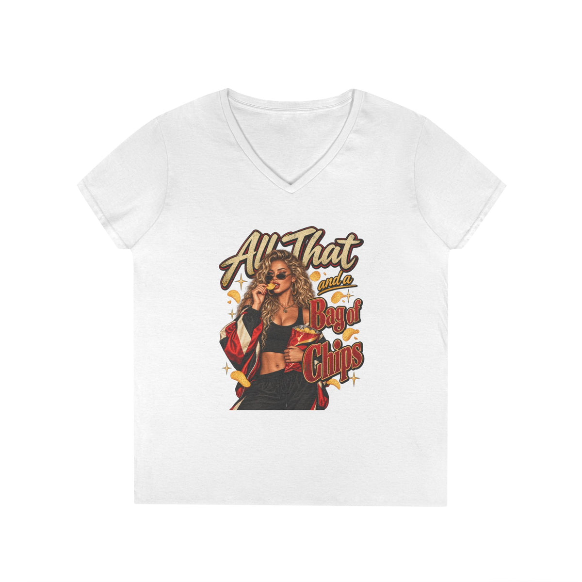 All That And A Bag of Chips Graphic V-Neck Tee | Retro Pinup Illustration | 90's 00's Hip Hop Pop Culture Nostalgia