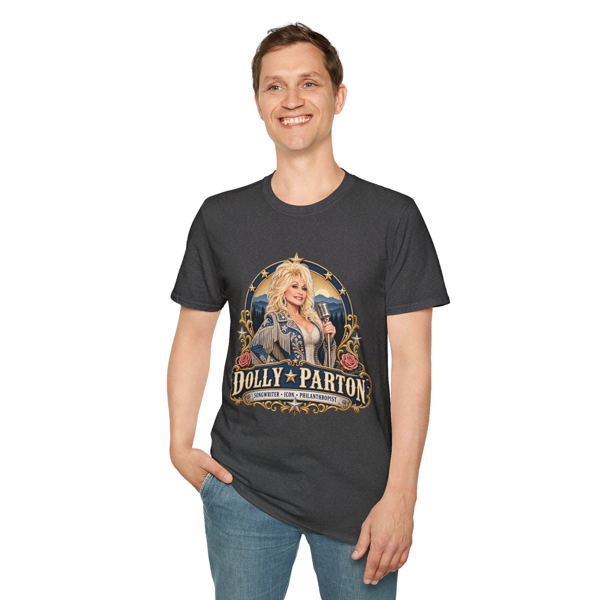 Country Singer Dolly Parton Portrait T-Shirt | Retro Western Microphone Design