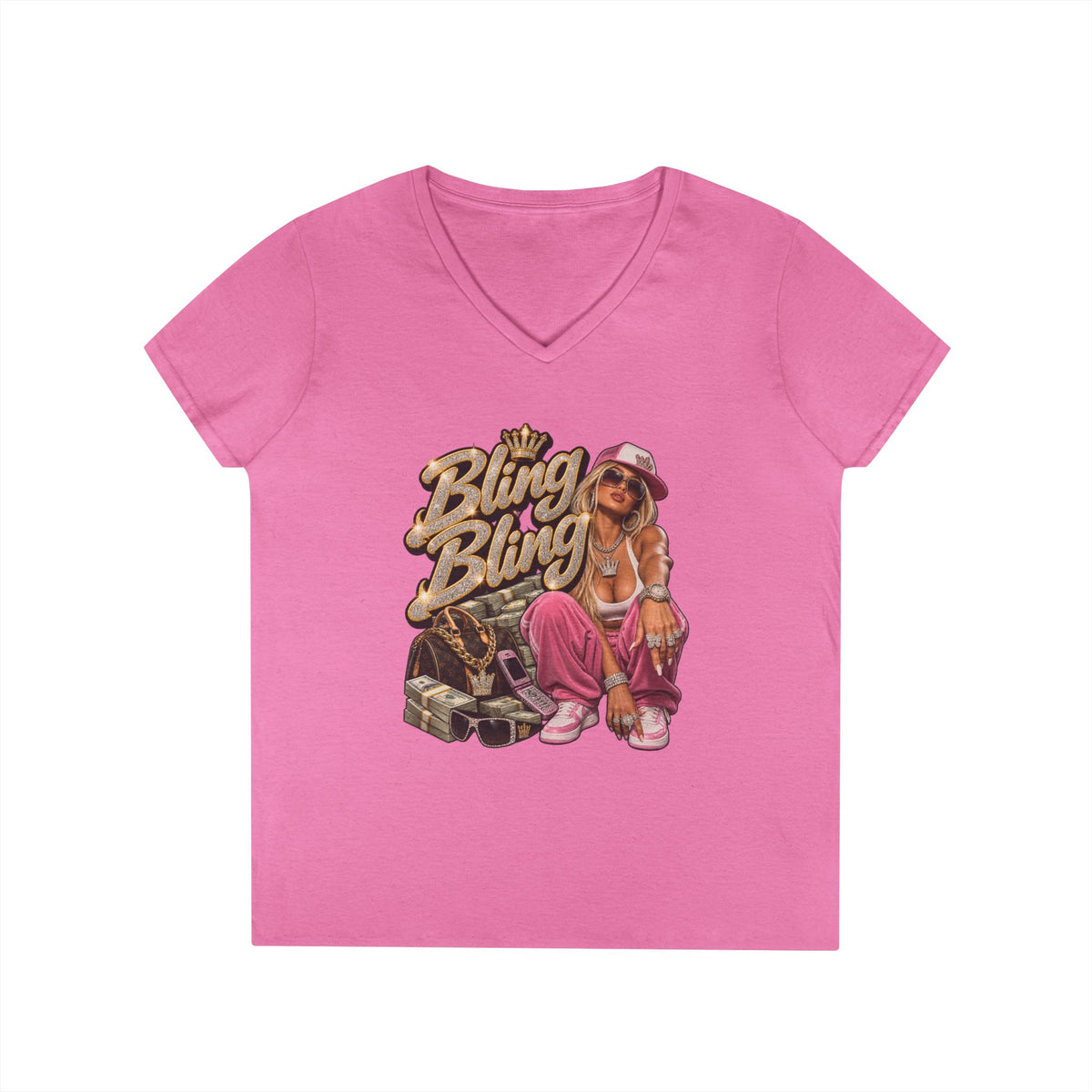 Bling Bling Graphic V-Neck Tee | Retro Hip Hop Babe, Gold Chains | 90s 00s Hip Hop Pop Culture Nostalgia