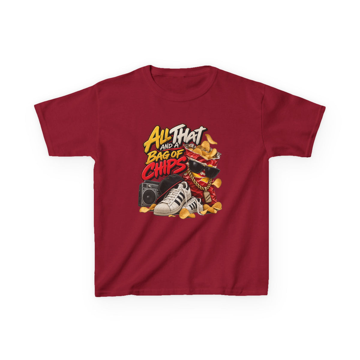 All That and a Bag of Chips Kid Tee | Retro Chips Cartoon Snack Design | 90's 00's Hip Hop Pop Culture