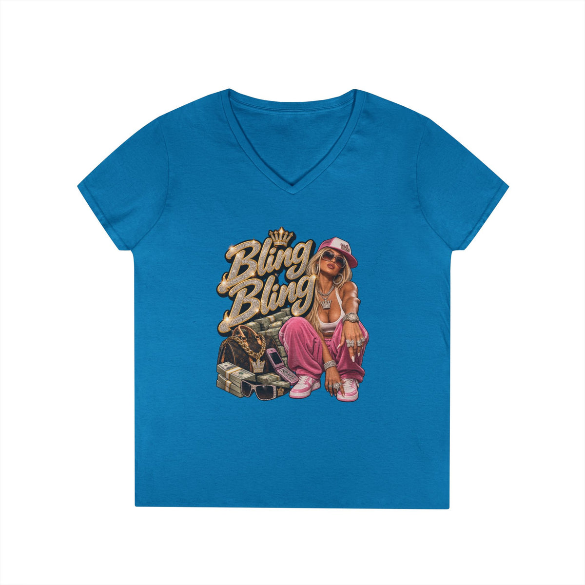 Bling Bling Graphic V-Neck Tee | Retro Hip Hop Babe, Gold Chains | 90s 00s Hip Hop Pop Culture Nostalgia