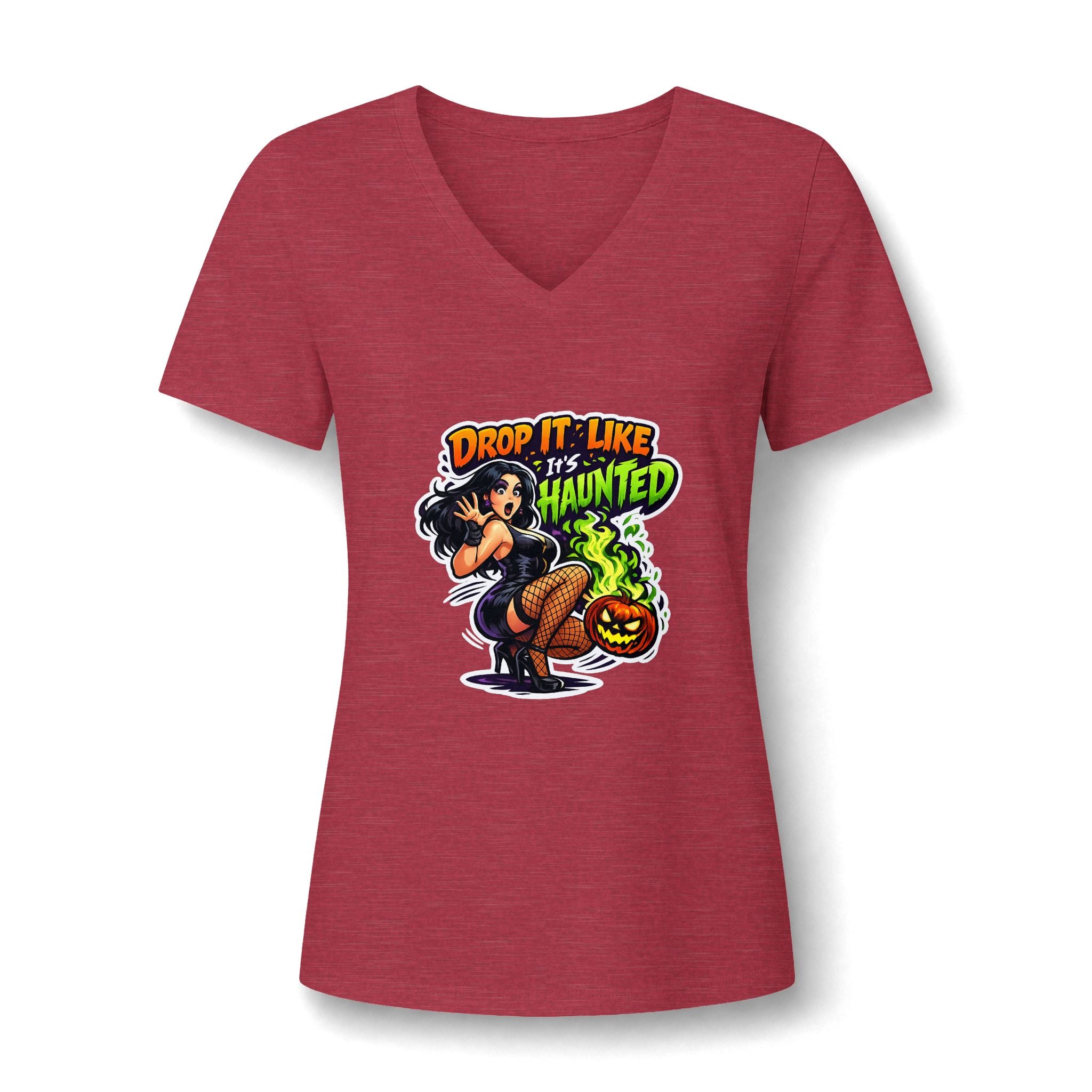 Drop It Like It's Haunted V-Neck Tee | Halloween Pinup Witch Design