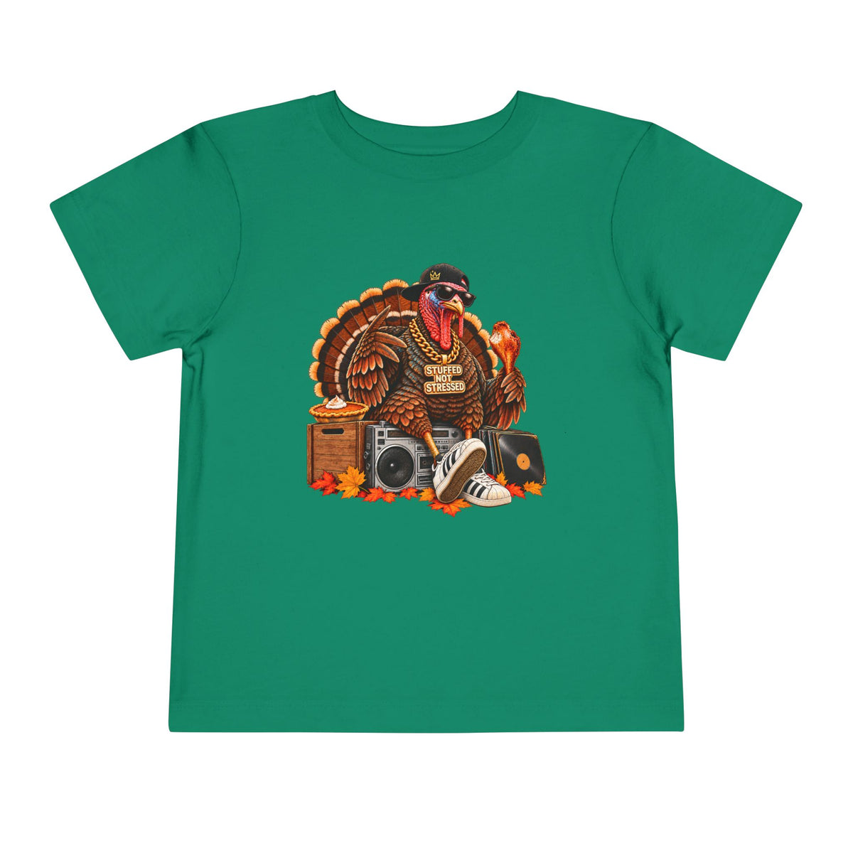 DJ Turkey Toddler Tee | Thanksgiving Turkey with Headphones, Records, Fall Leaves | 00s 90s Hip Hop