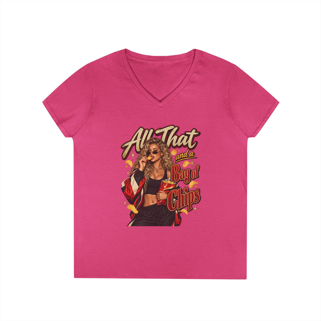 All That And A Bag of Chips Graphic V-Neck Tee | Retro Pinup Illustration | 90's 00's Hip Hop Pop Culture Nostalgia