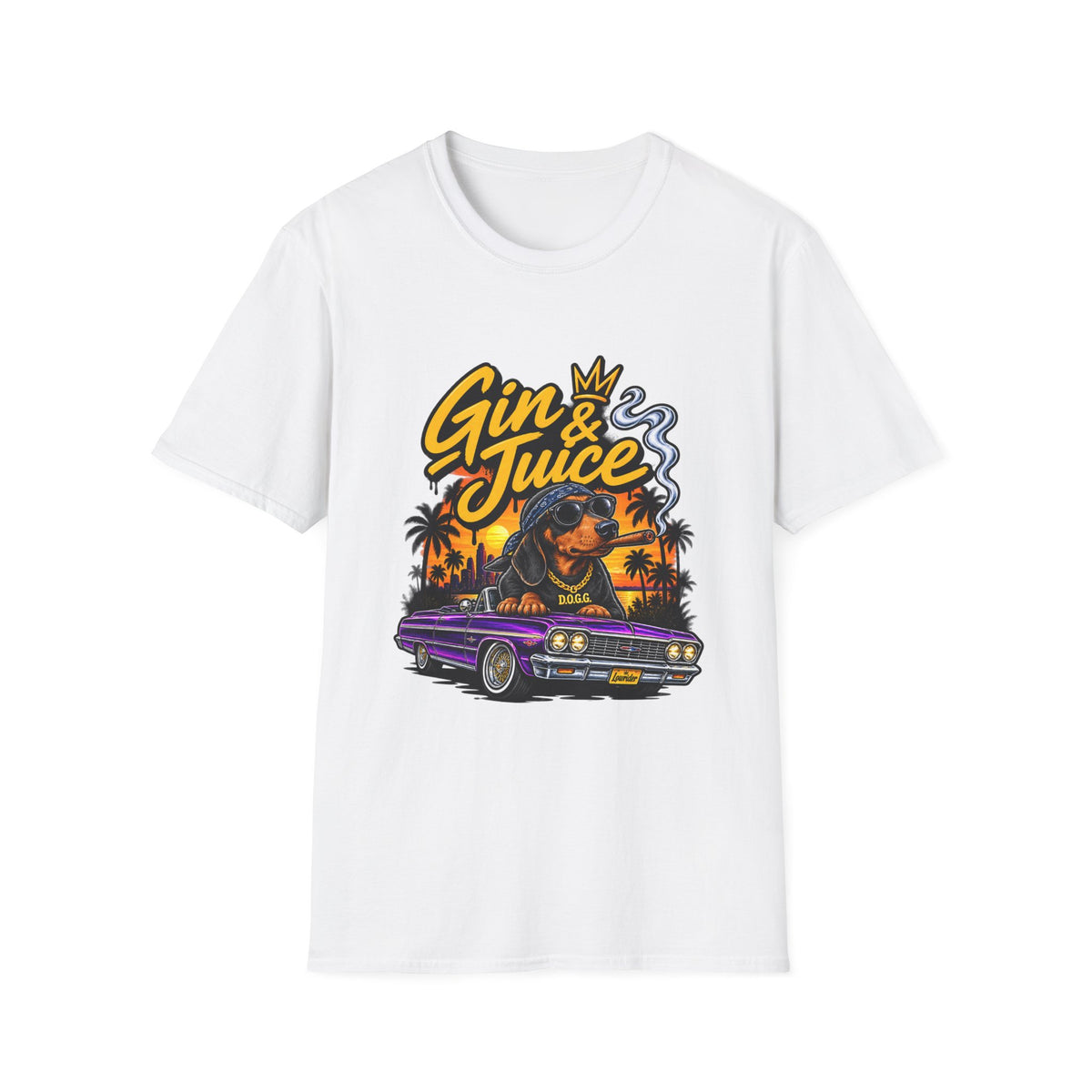 Gin & Juice Graphic Tee | Lowrider Dog Sunset Illustration | 1990's 2000's Nostalgia Throwback