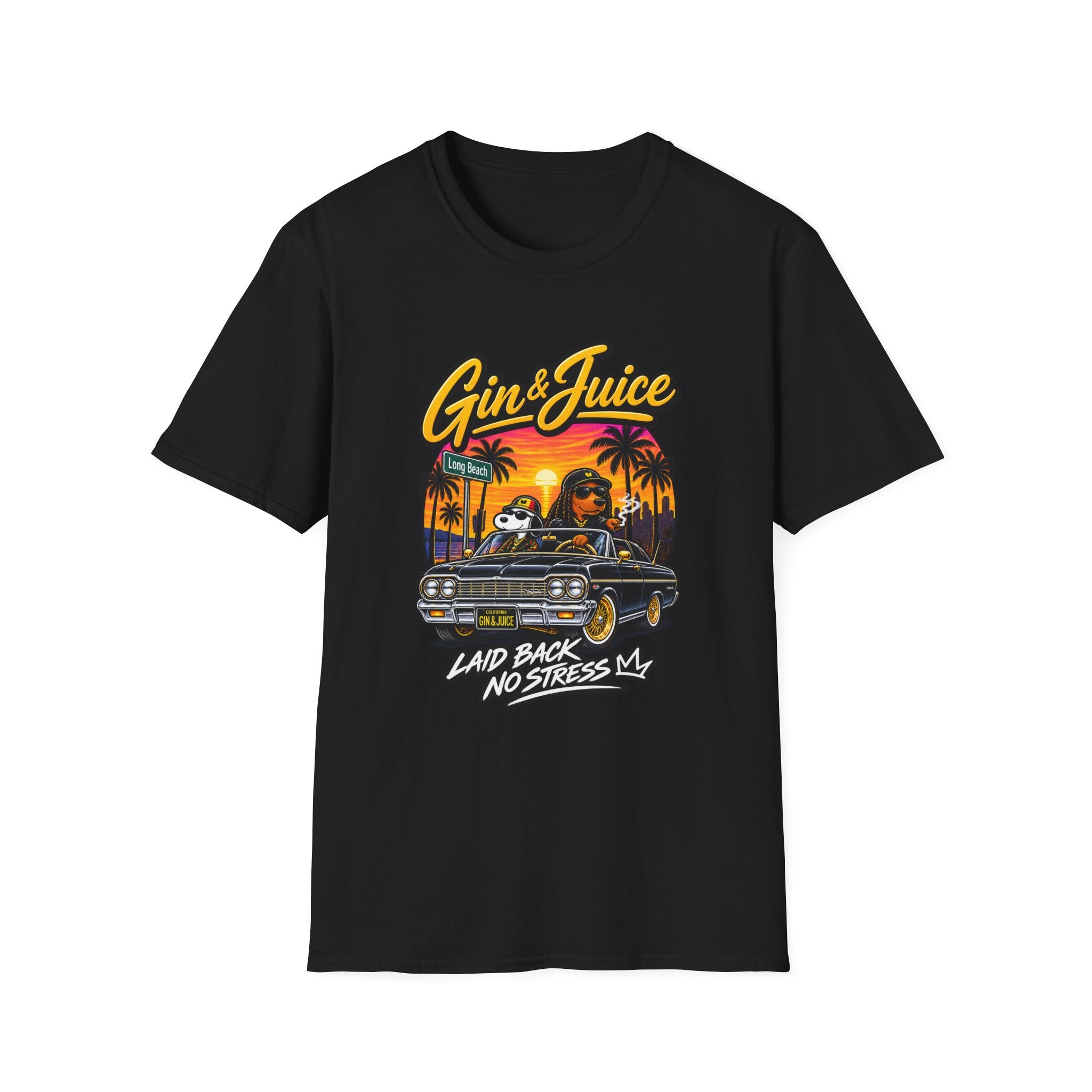 Gin & Juice Beach Sunset T-Shirt | Laidback Lowrider Palm Tree Design |  1990's 2000's Nostalgia Throwback