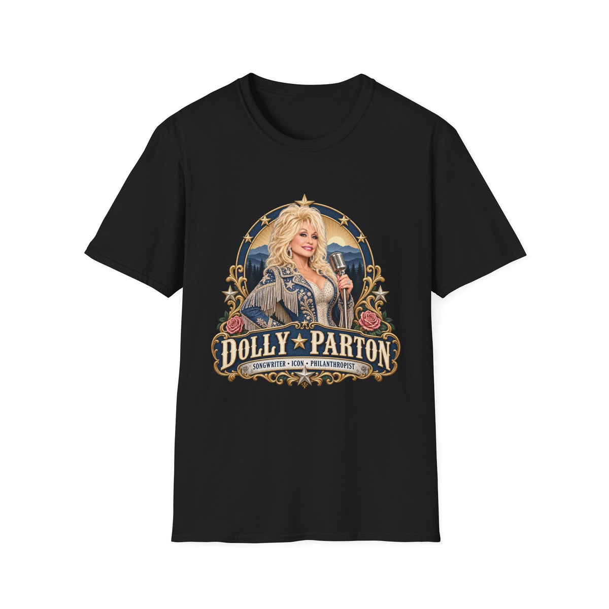 Country Singer Dolly Parton Portrait T-Shirt | Retro Western Microphone Design