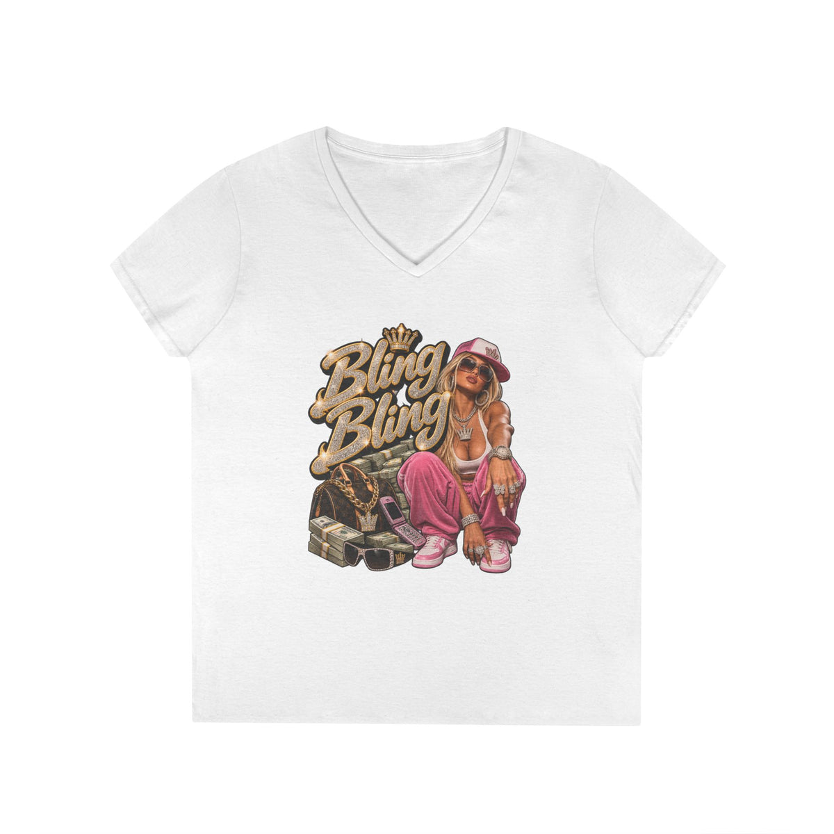 Bling Bling Graphic V-Neck Tee | Retro Hip Hop Babe, Gold Chains | 90s 00s Hip Hop Pop Culture Nostalgia