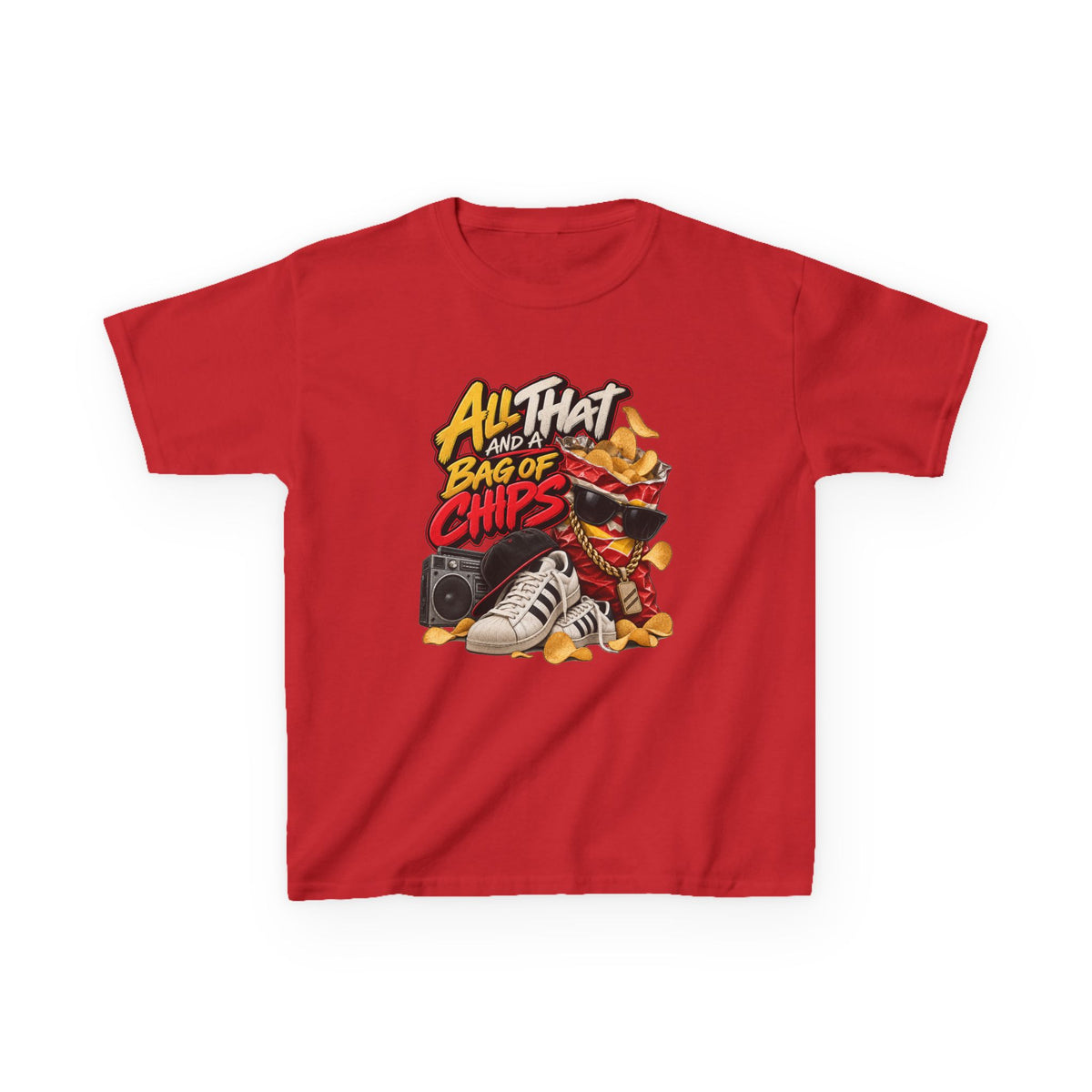All That and a Bag of Chips Kid Tee | Retro Chips Cartoon Snack Design | 90's 00's Hip Hop Pop Culture