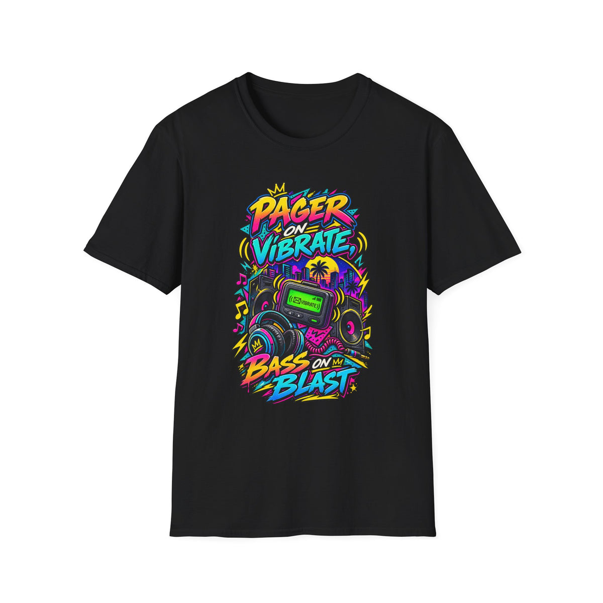Pager on Vibrate Retro 90s Graphic T-Shirt | Bass on Blast Neon Boombox | 1990's 2000's Nostalgia Throwback