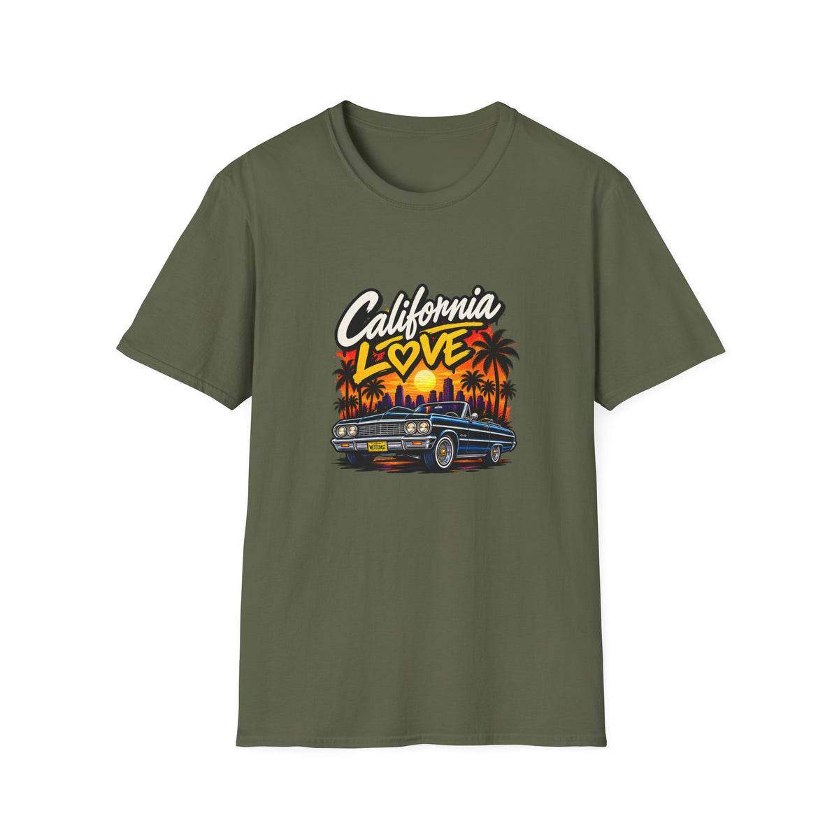 California Love T-Shirt | Sunset Palm Trees, Classic Car Beach Scene