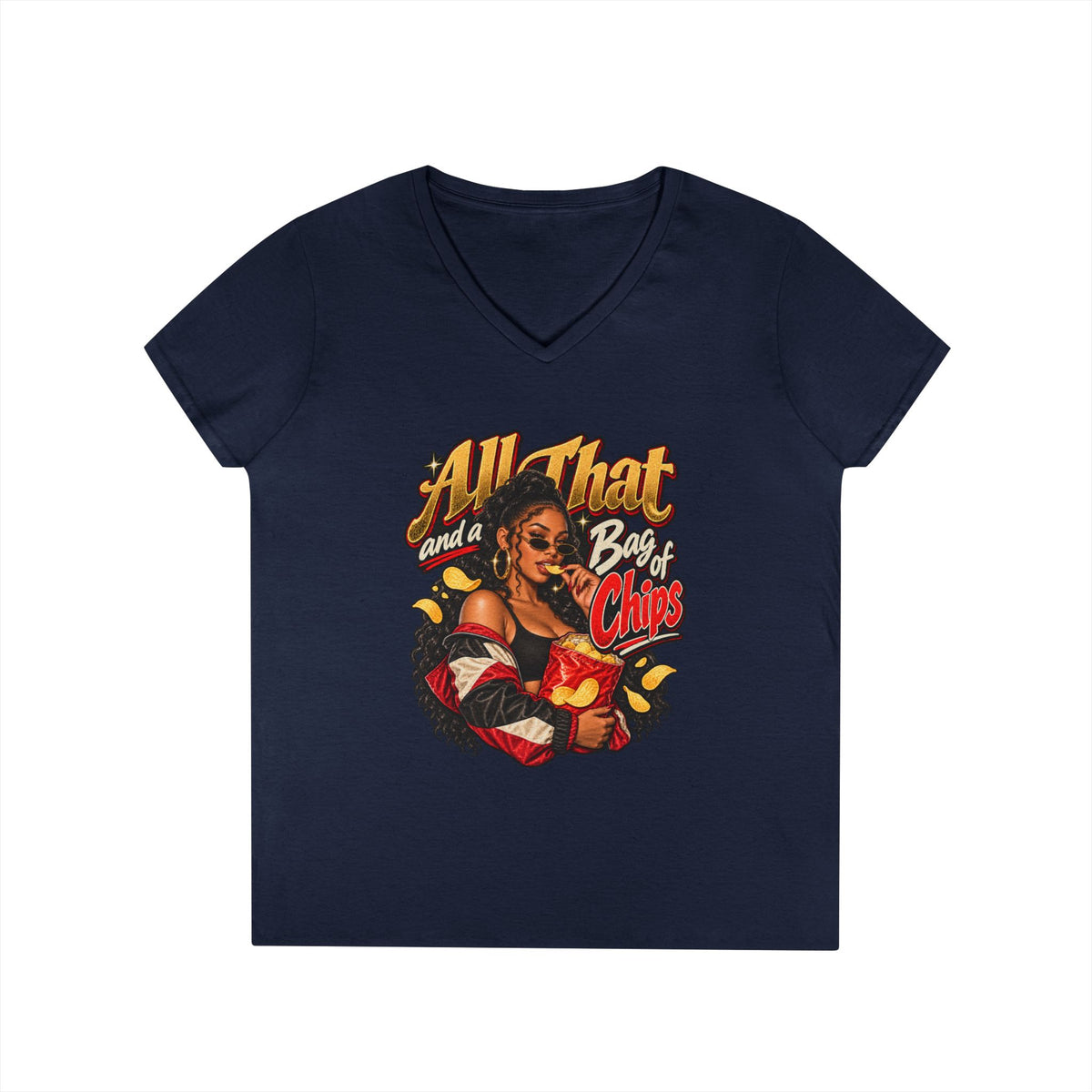 All That and a Bag of Chips V-Neck T-Shirt | Retro Pinup Snack Graphic | 90s 00s Hip Hop Pop Culture Nostalgia